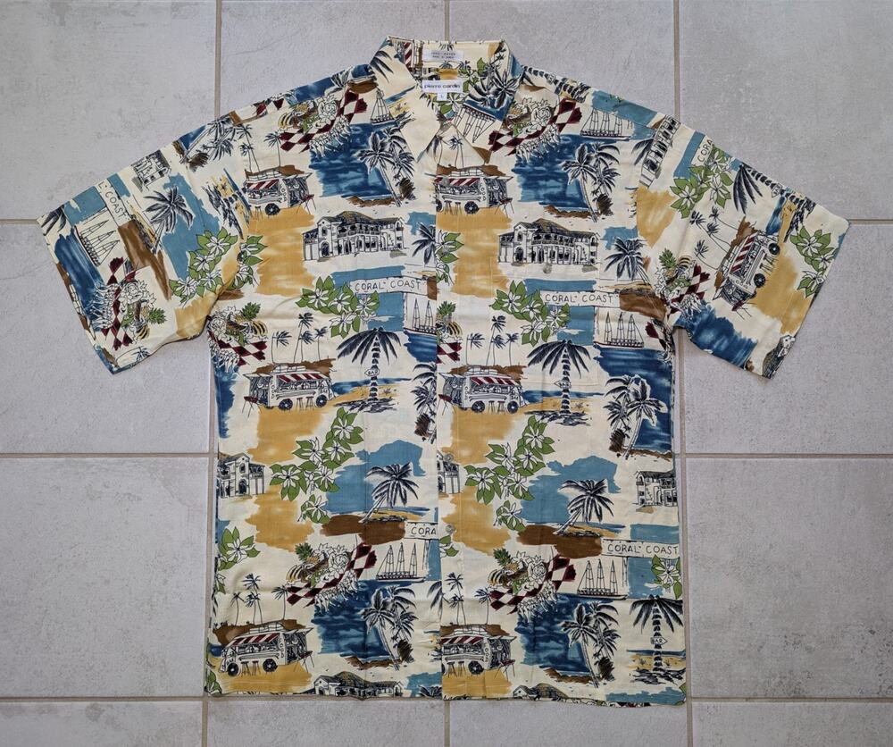 Pierre Cardin Men’s Large Button Up Shirt Rayon Beach Palm Tropical Boat Vintage